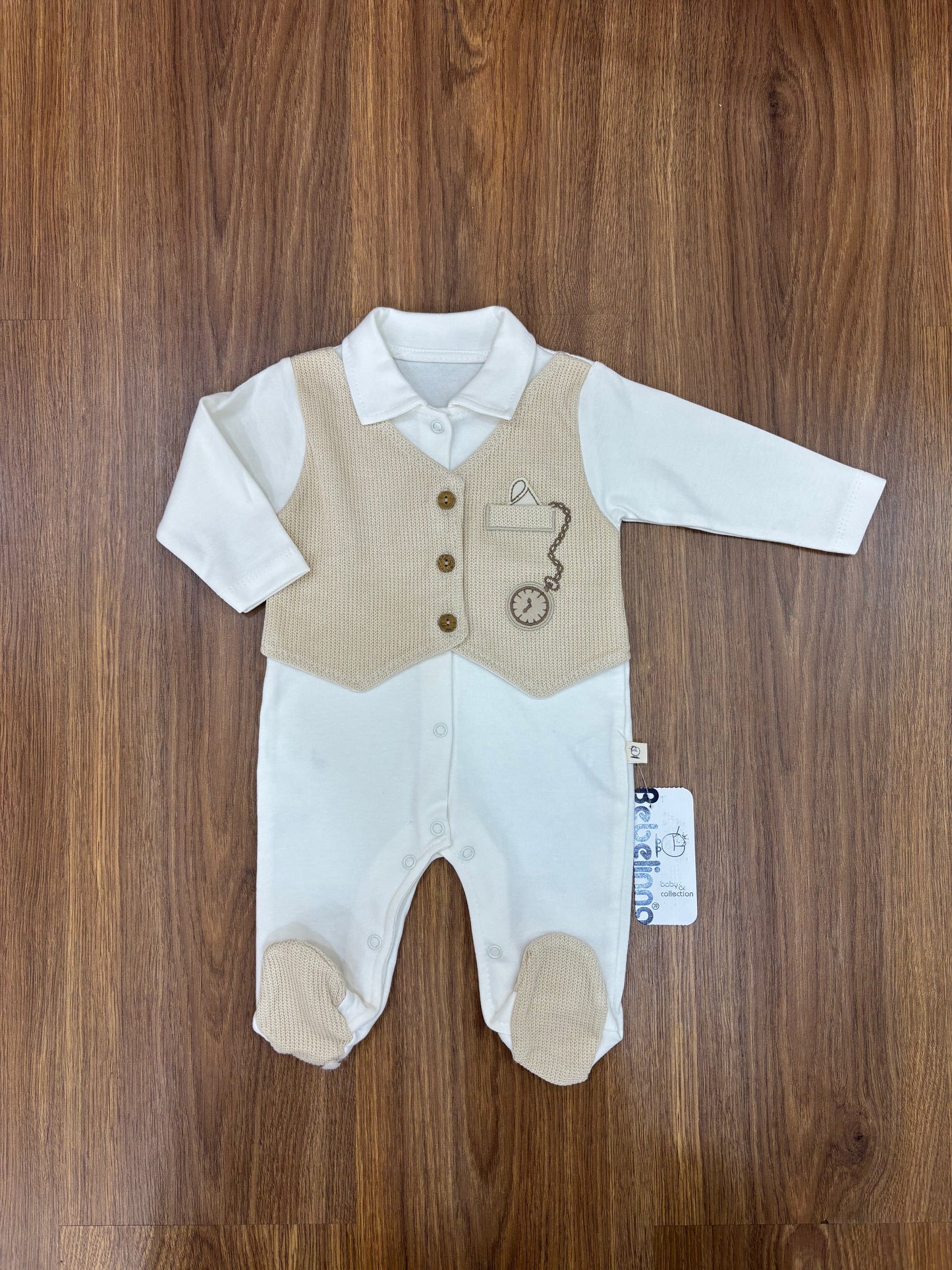 Grenouillère Bébé Bebelinna Style Gilet – Blanc & Marron Clair