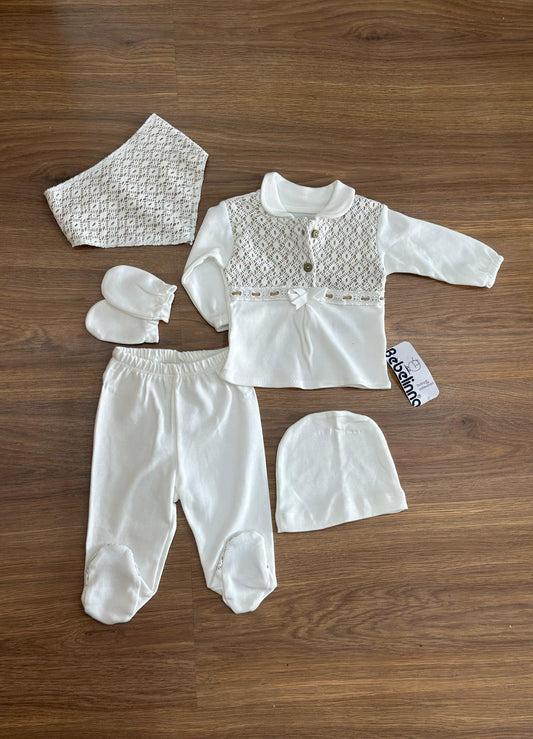 Ensemble Bébé 100% Coton – Blanc Cassé aux Reflets Vert Très Clair