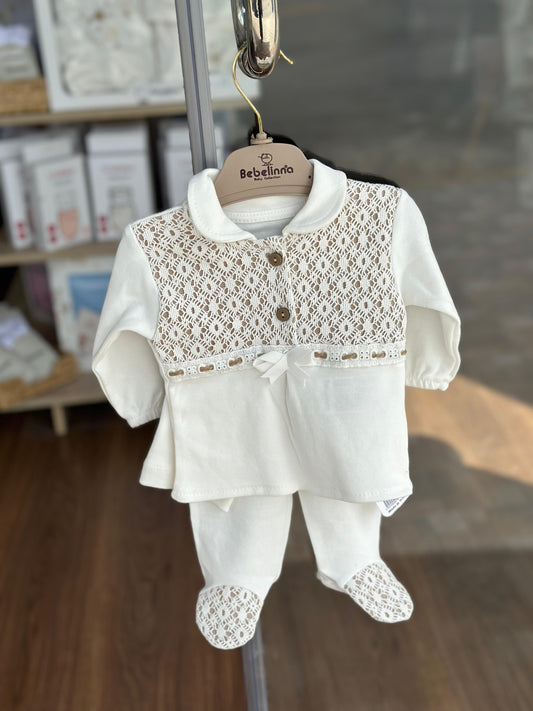 Ensemble Bébé 100% Coton – Blanc Cassé aux Reflets Vert Très Clair
