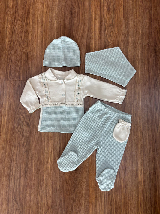 Ensemble Bébé 100% Coton – Vert Menthe & Blanc