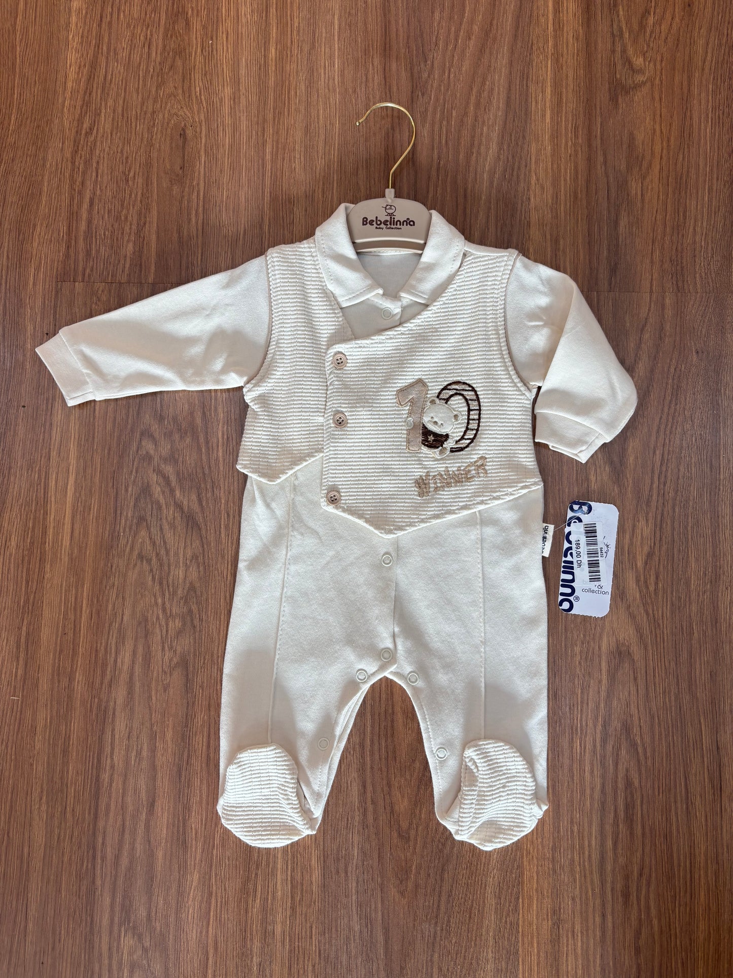 Ensemble Bébé 100% Coton – Beige & Blanc avec Motifs