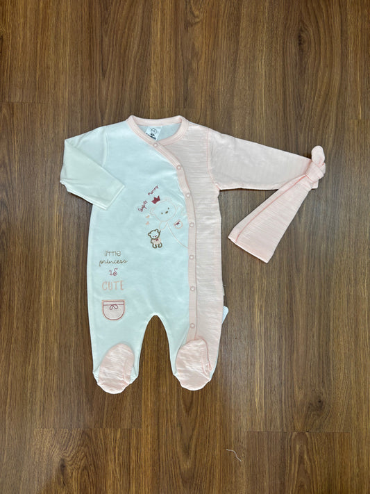 Grenouillère Bébé Fille Rose & Blanc – 100% Coton Doux (0-3 Mois)