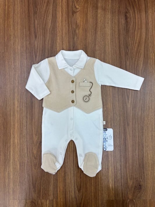 Grenouillère Bébé Bebelinna Style Gilet – Blanc & Marron Clair