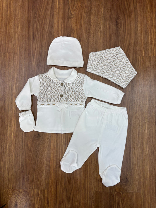 Ensemble Bébé 100% Coton – Blanc Cassé aux Reflets Vert Très Clair