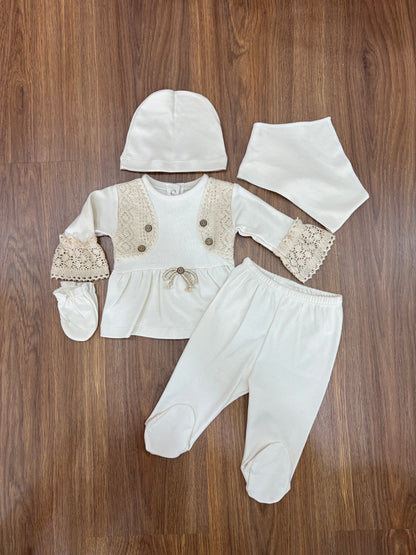 Ensemble Bébé 100% Coton – Blanc cassé & Marron