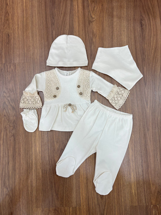 Ensemble Bébé 100% Coton – Blanc cassé & Marron