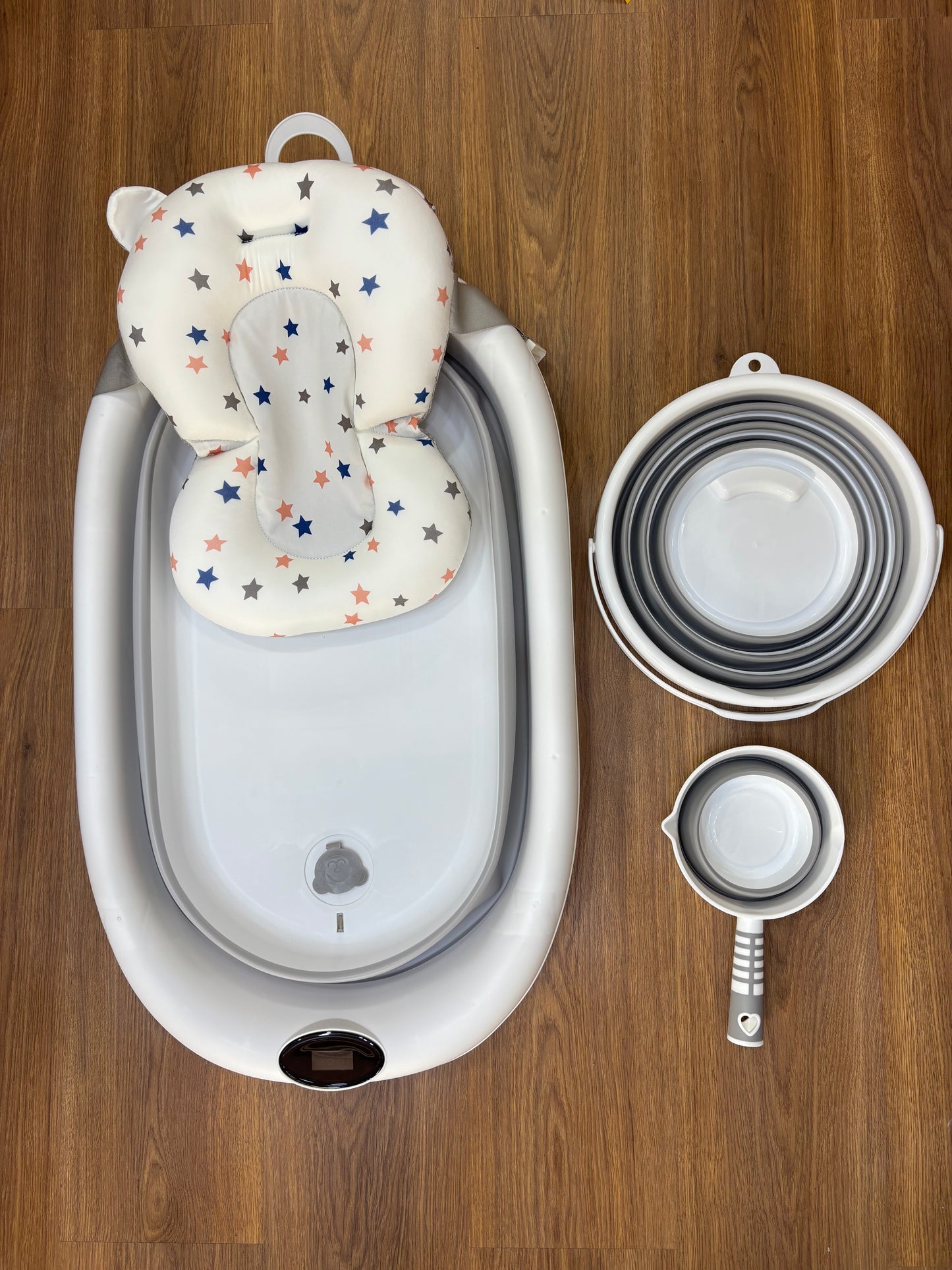 Baignoire Bébé Pliable 4 en 1 avec Thermomètre, Siège de Bain, Seau et Louche